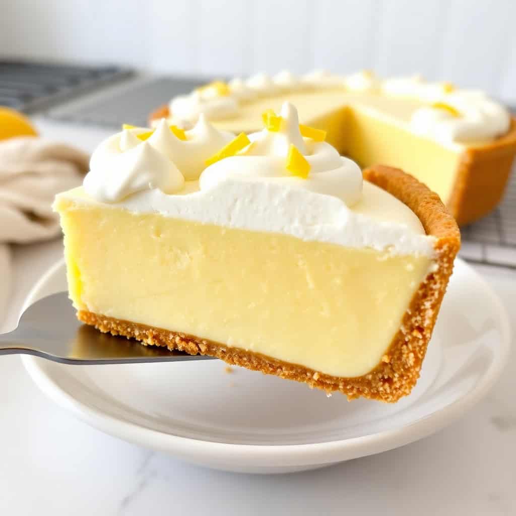 Slice of no-bake lemon pie with graham cracker crust, creamy filling, whipped cream topping, and lemon zest garnish.
