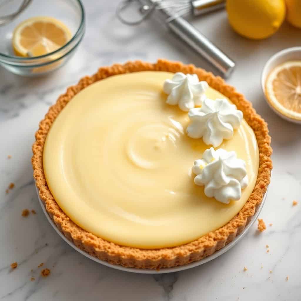 No-bake lemon pie with graham cracker crust, creamy filling, whipped cream dollops, and fresh lemon slices.