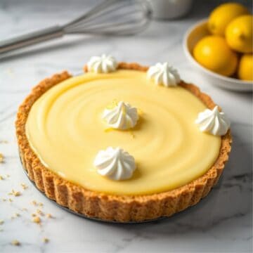 No bake lemon pie with graham cracker crust, creamy yellow filling, and whipped cream dollops.