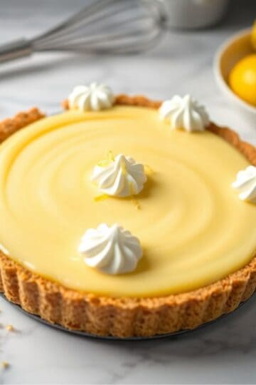 No bake lemon pie with graham cracker crust, creamy yellow filling, and whipped cream dollops.