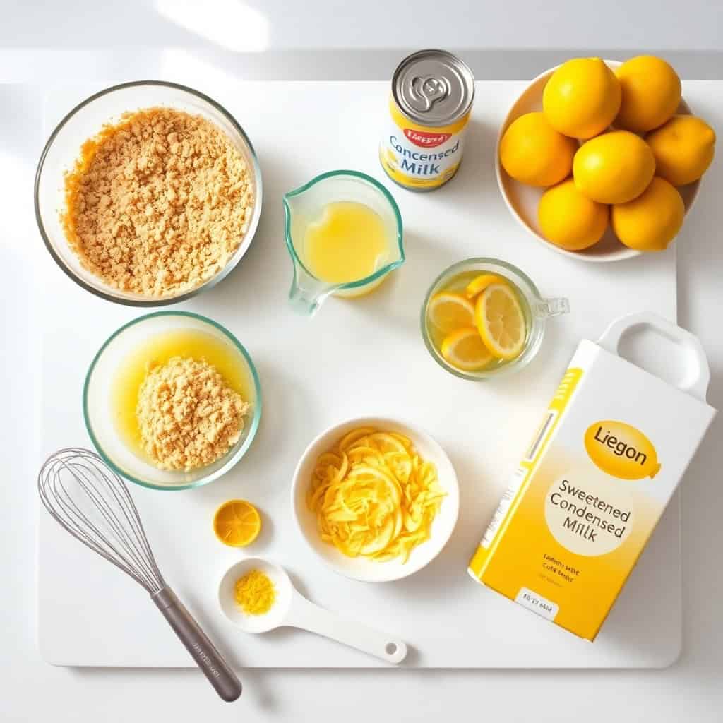 Ingredients for no-bake lemon pie arranged on white surface: graham crackers, lemons, condensed milk, and zest.
