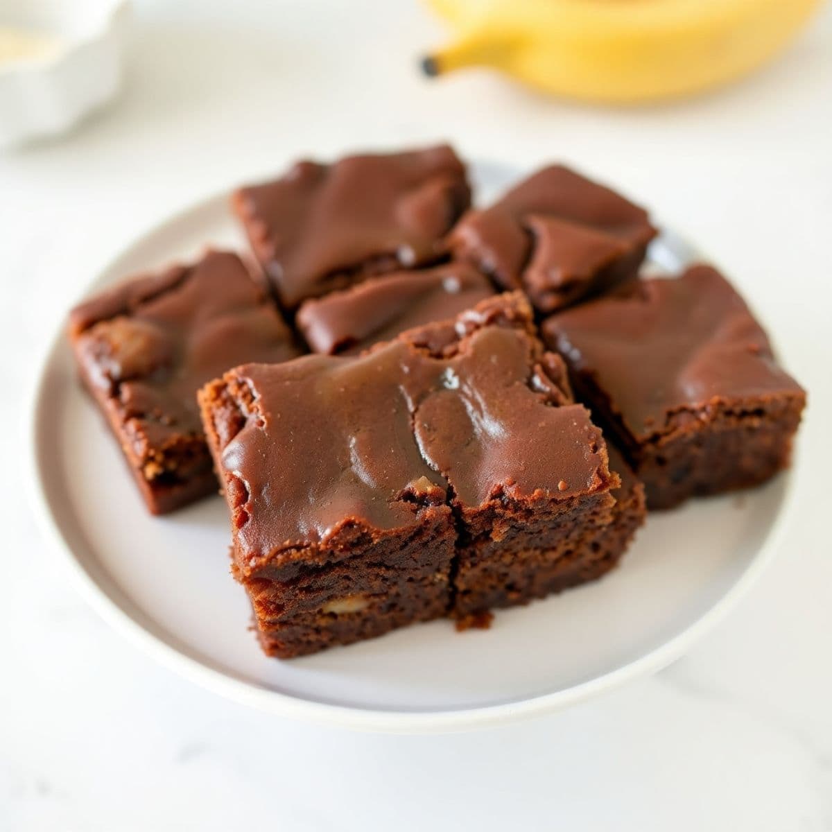 Banana bread brownies cut into squares on a white plate with chocolate frosting.
