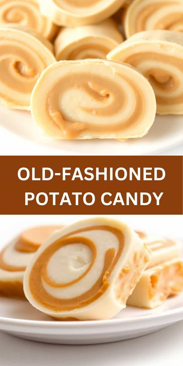 Old-fashioned potato candy rolls with peanut butter and powdered sugar swirls on white plates.
