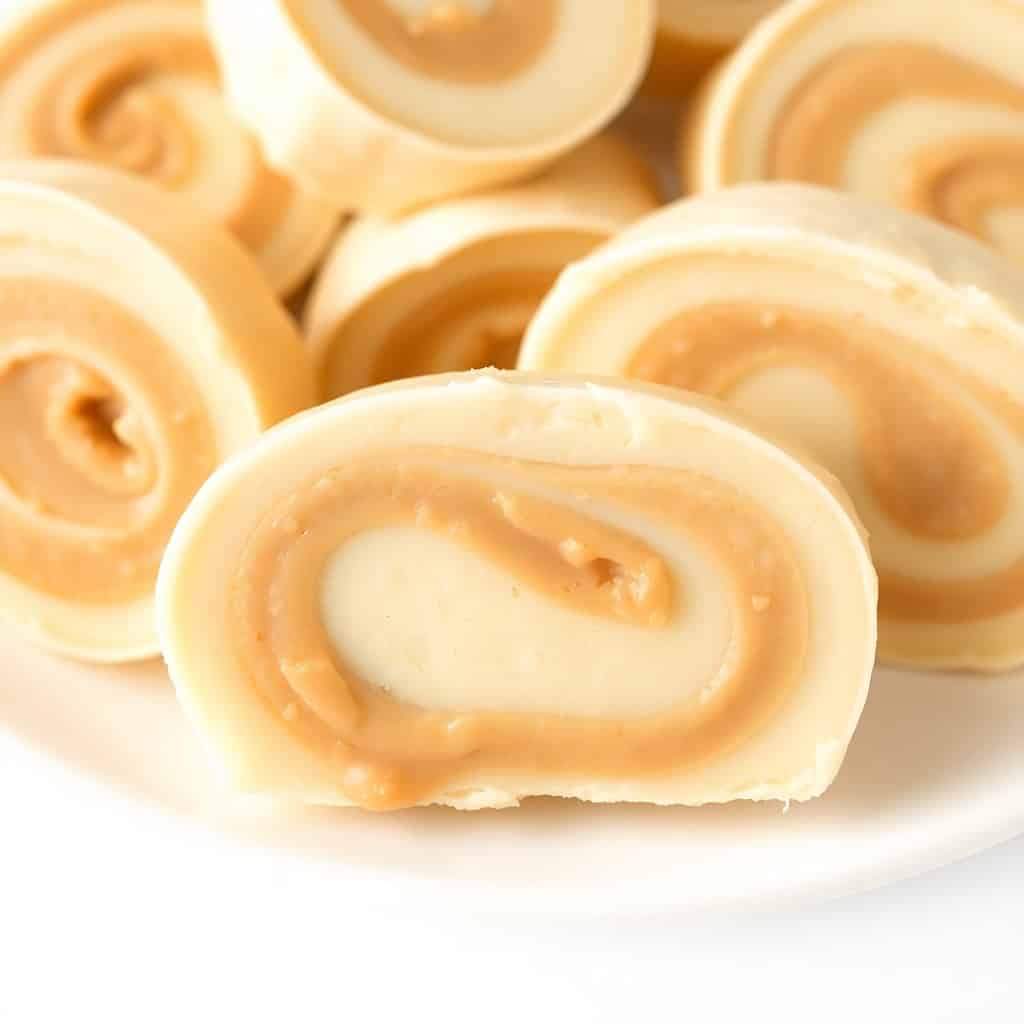Old-fashioned potato candy rolls with peanut butter and powdered sugar filling on white plate.