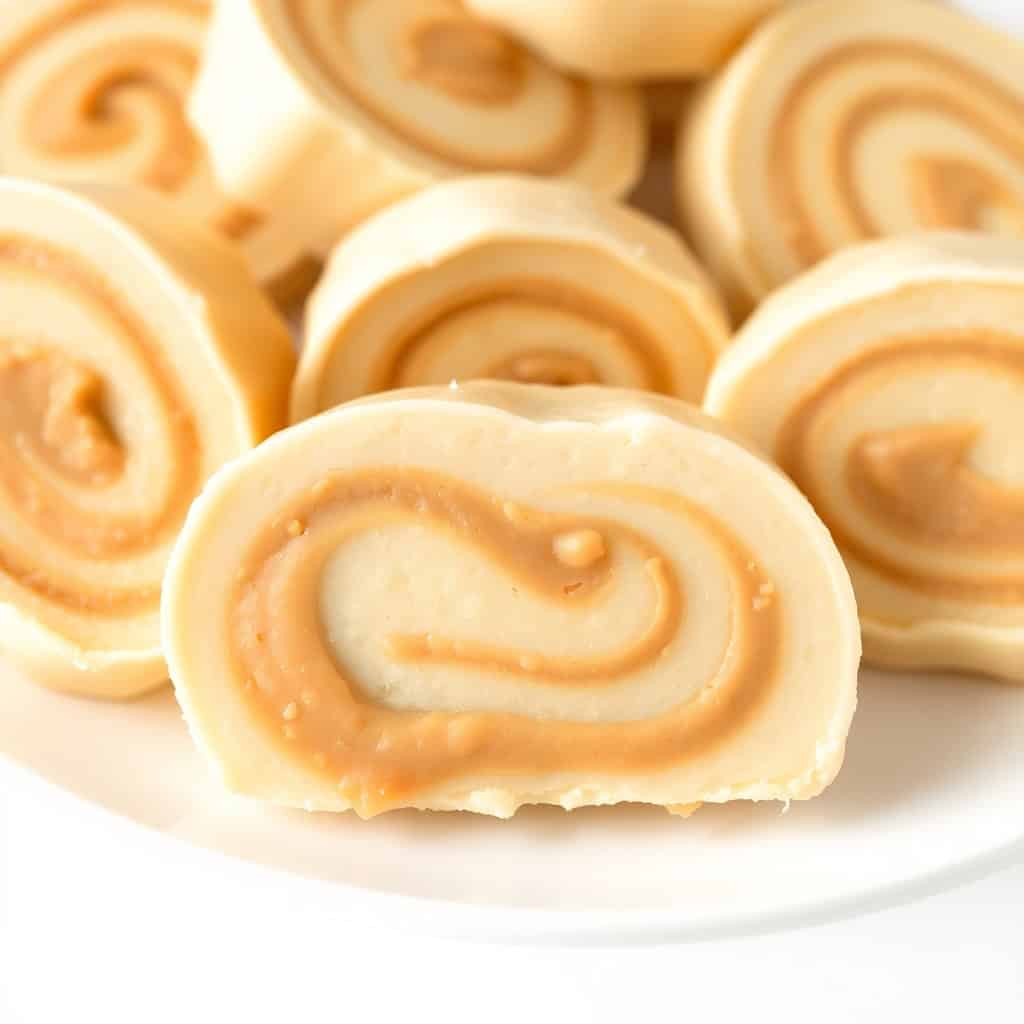 Old-fashioned potato candy rolls with peanut butter filling arranged on a white plate.