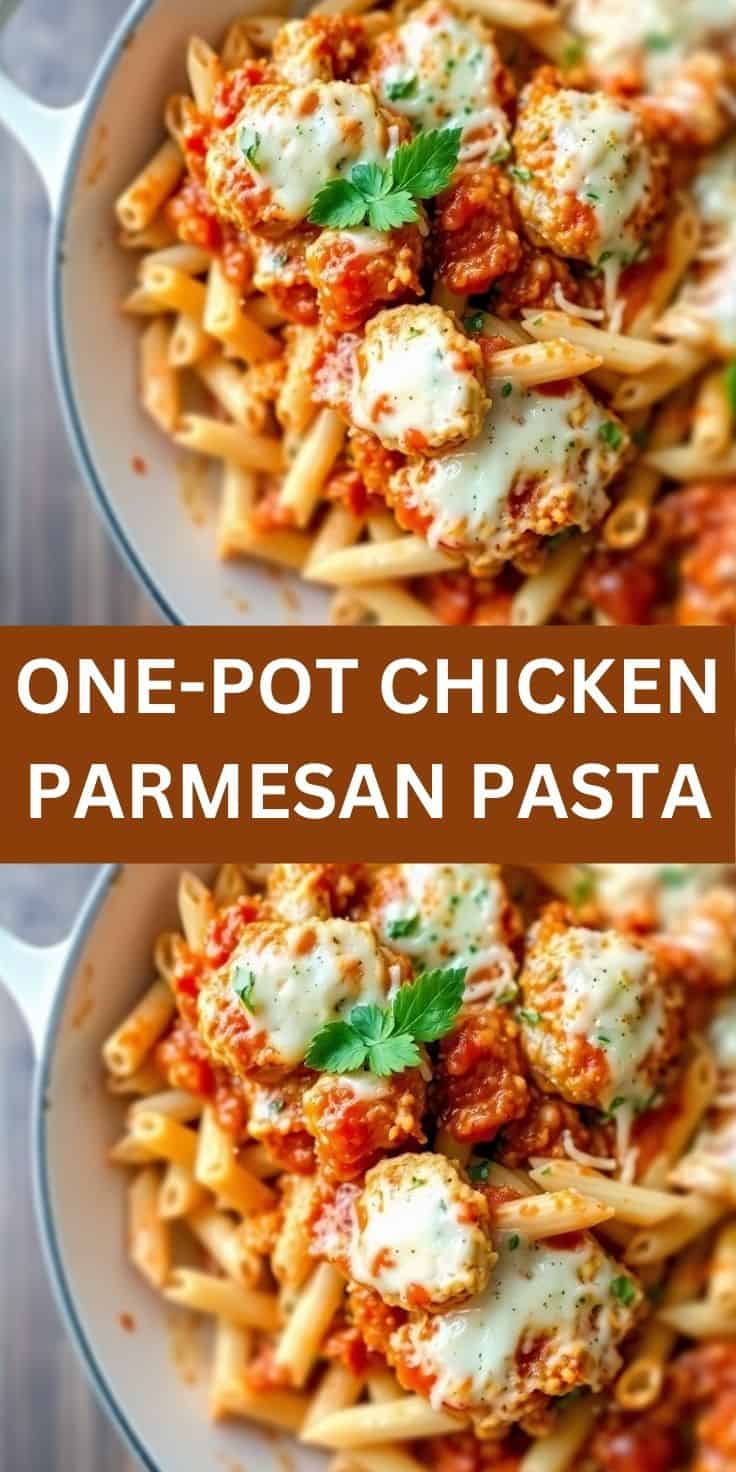 One-pot chicken parmesan pasta with melted mozzarella, tomato sauce, and fresh parsley on white plate.