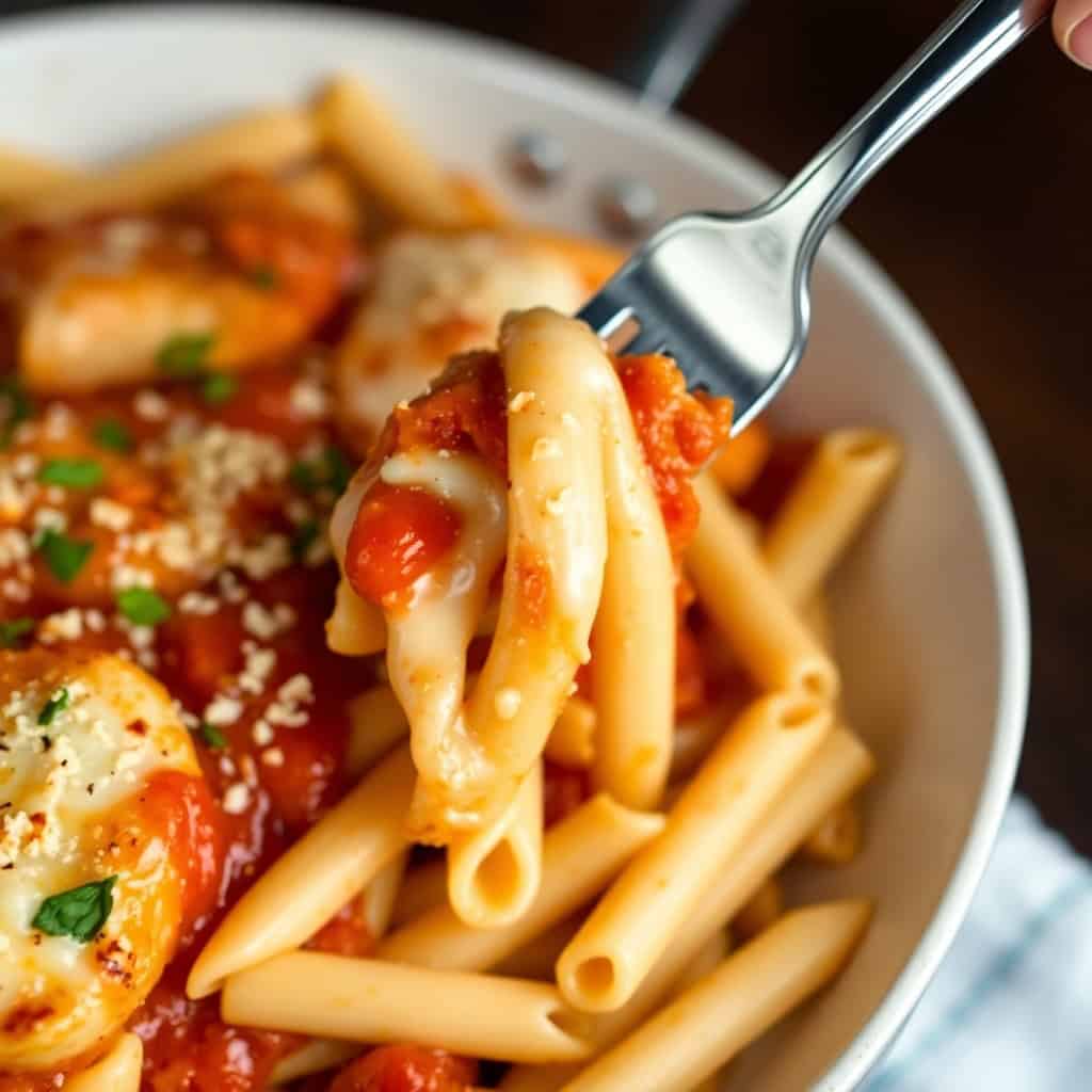 Fork lifting creamy one-pot chicken parmesan pasta with melted cheese and fresh parsley garnish from white bowl.