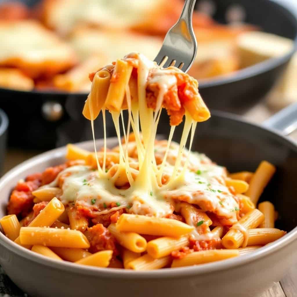 Fork lifting melted cheese and pasta from bowl of one-pot chicken parmesan pasta with tomato sauce.