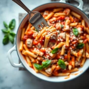 Fork lifting pasta with tomato sauce, cheese, and basil from white Dutch oven dish.
