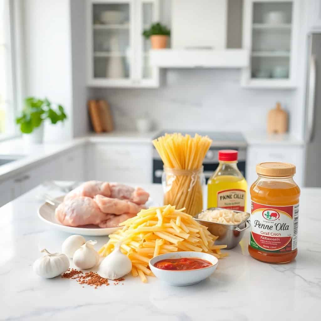 Ingredients for one-pot chicken parmesan pasta arranged on white marble counter in bright kitchen.