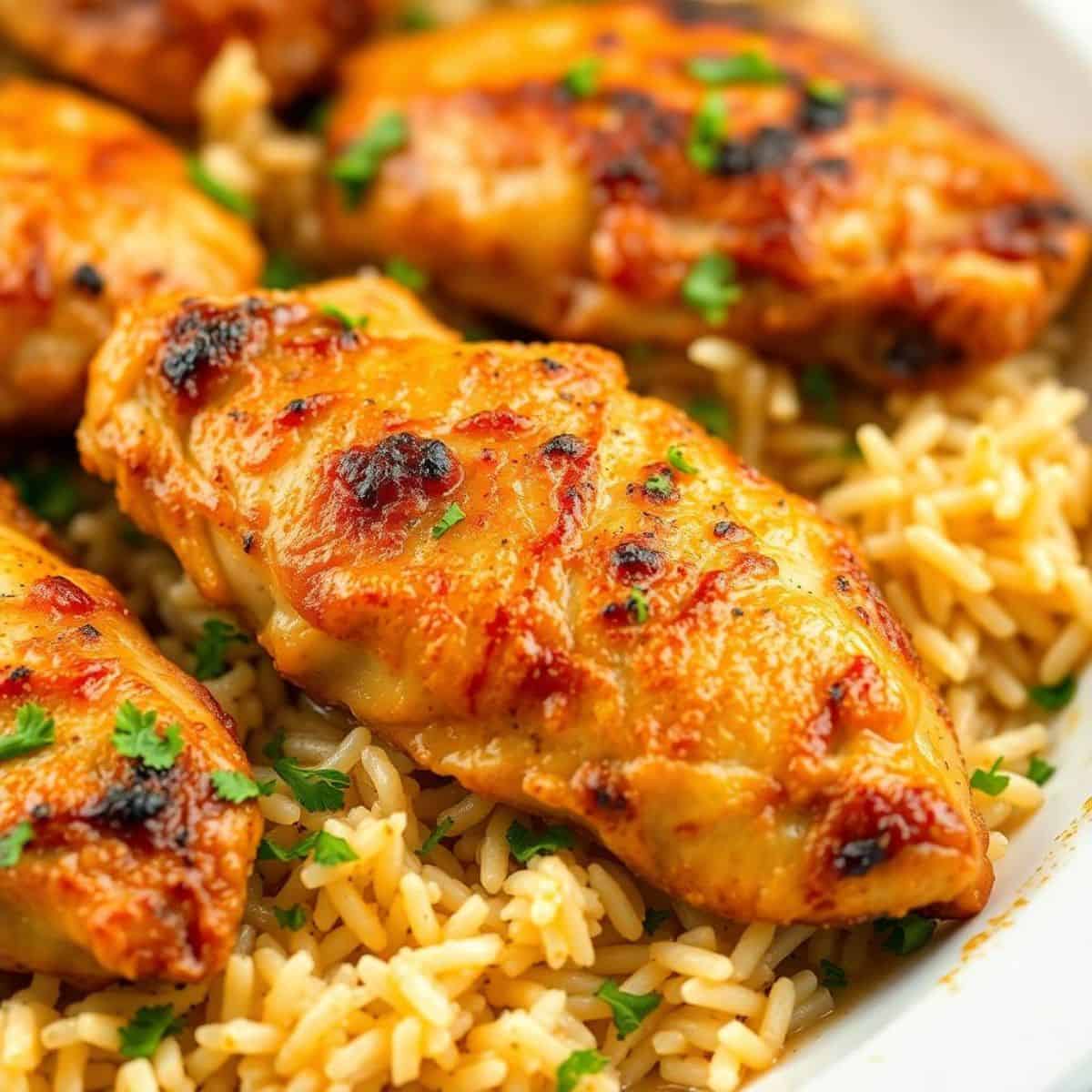 Oven-baked chicken and rice with golden-brown chicken thighs on bed of yellow rice, garnished with fresh parsley.