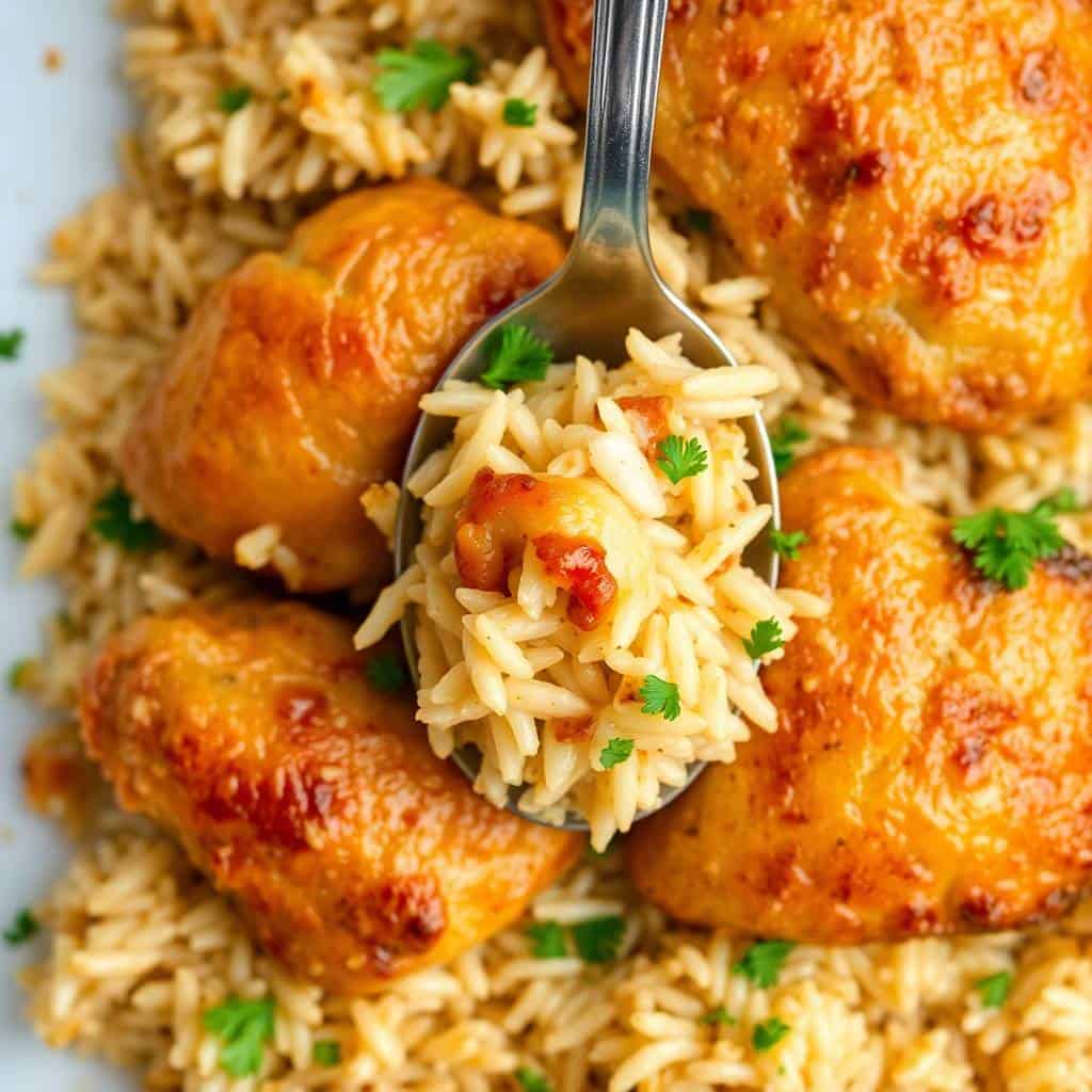 Oven baked chicken and rice with golden-brown chicken thighs, orzo pasta, and fresh parsley garnish on a fork.