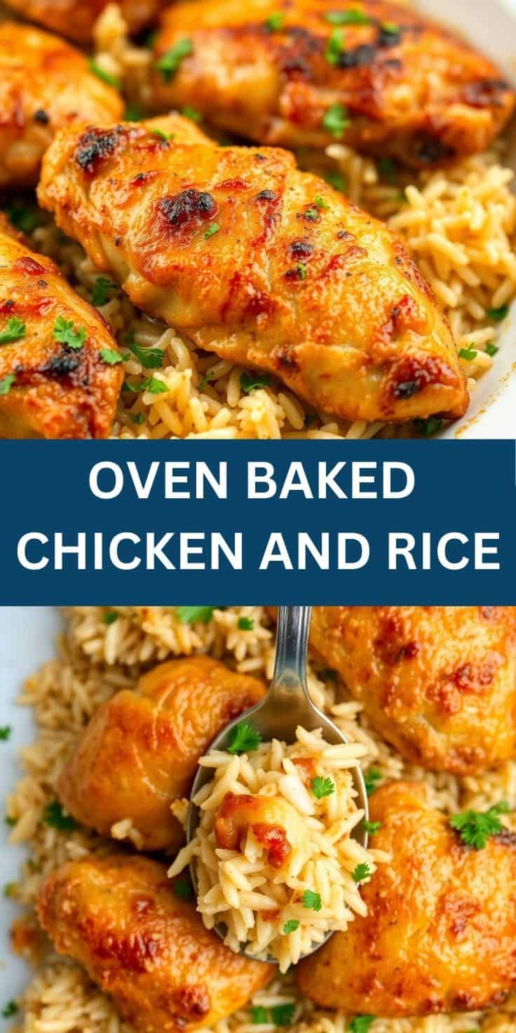 Golden-brown baked chicken thighs served over fluffy rice, garnished with fresh green onions.