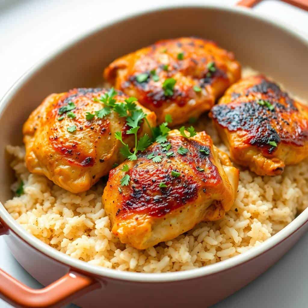 Golden baked chicken thighs with charred skin on bed of white rice, garnished with fresh cilantro in white bowl.