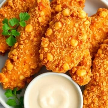 Golden parmesan crusted air fryer chicken tenders with dipping sauce and fresh cilantro garnish on white plate.