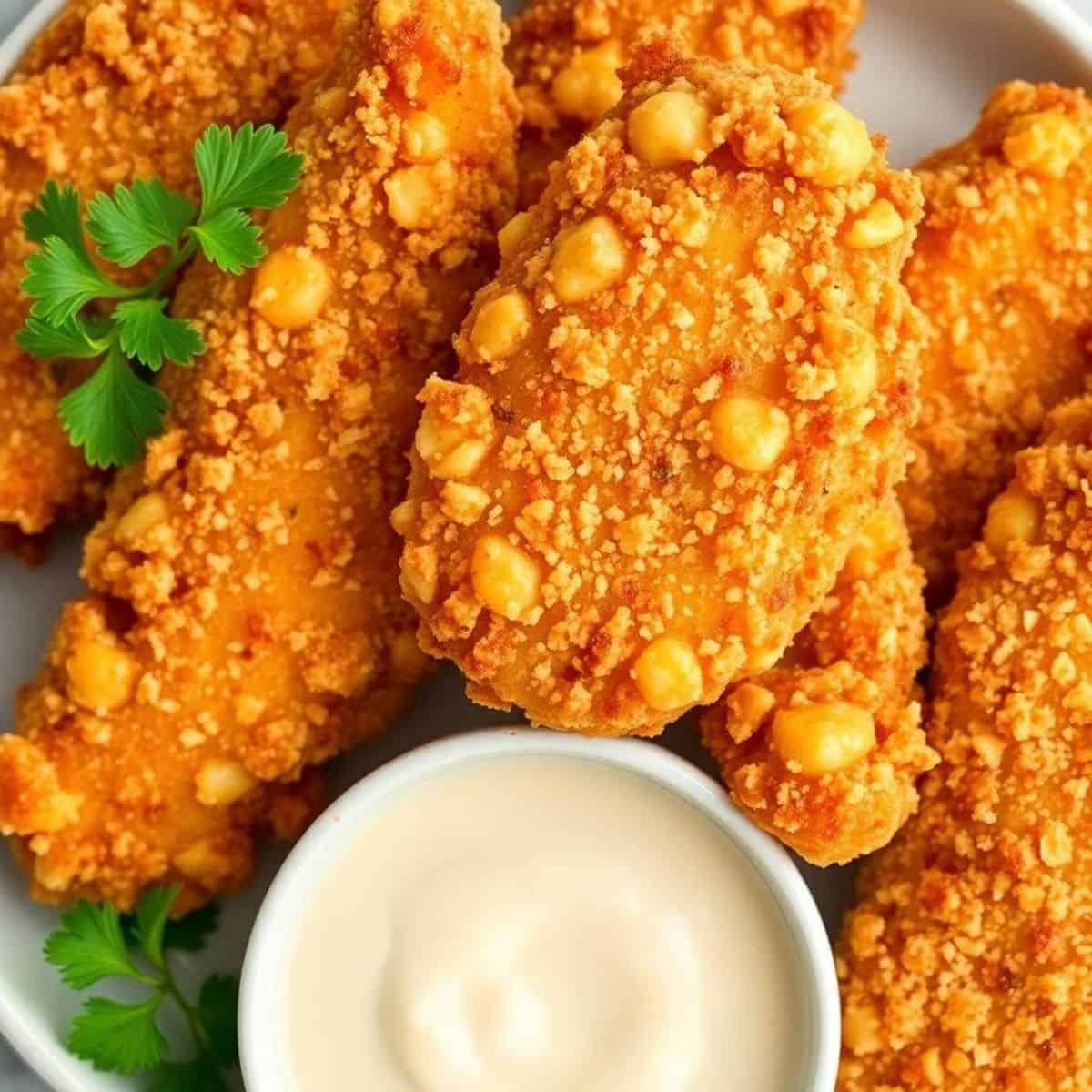 Golden parmesan crusted air fryer chicken tenders with dipping sauce and fresh cilantro garnish on white plate.