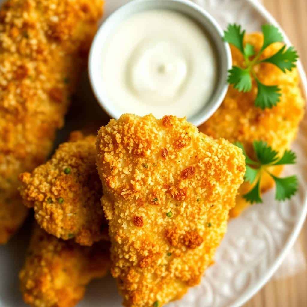 Crispy golden parmesan crusted chicken tenders served on white plate with white dipping sauce and fresh cilantro garnish.