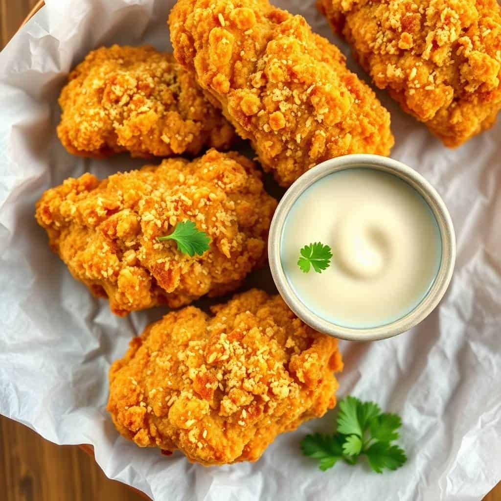 Parmesan crusted air fryer chicken tenders arranged on parchment with creamy dipping sauce and cilantro garnish.