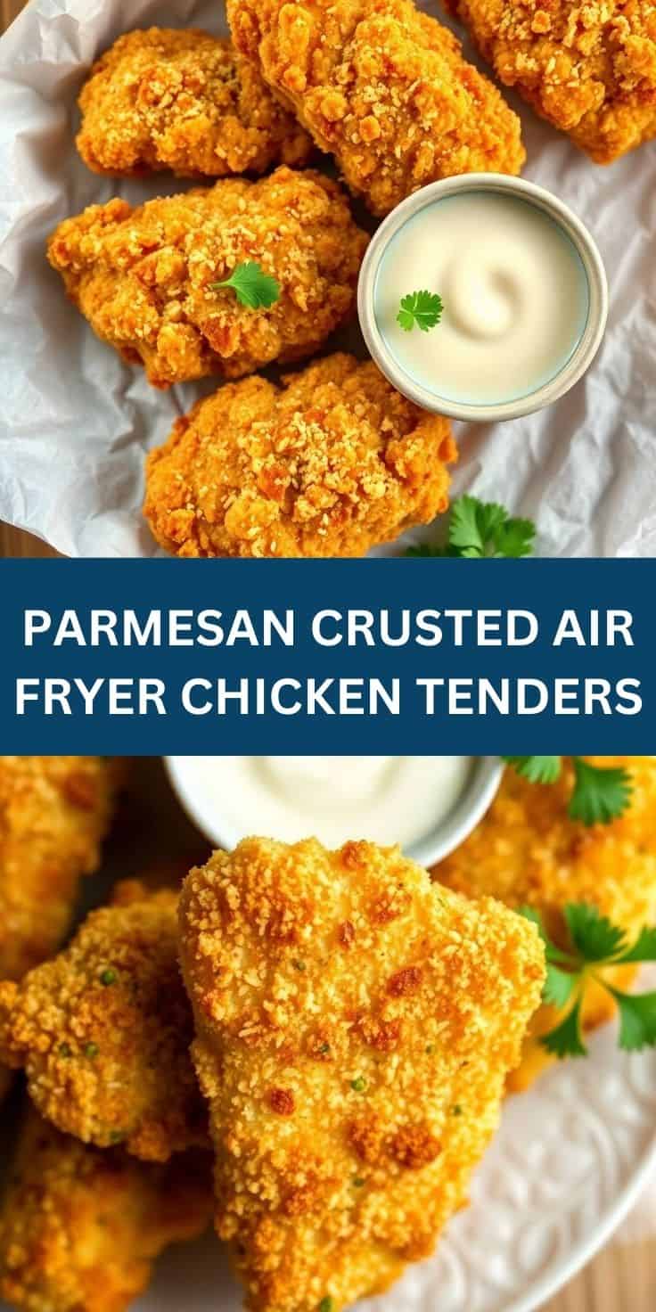 Golden parmesan crusted air fryer chicken tenders with creamy dipping sauce and fresh cilantro garnish.