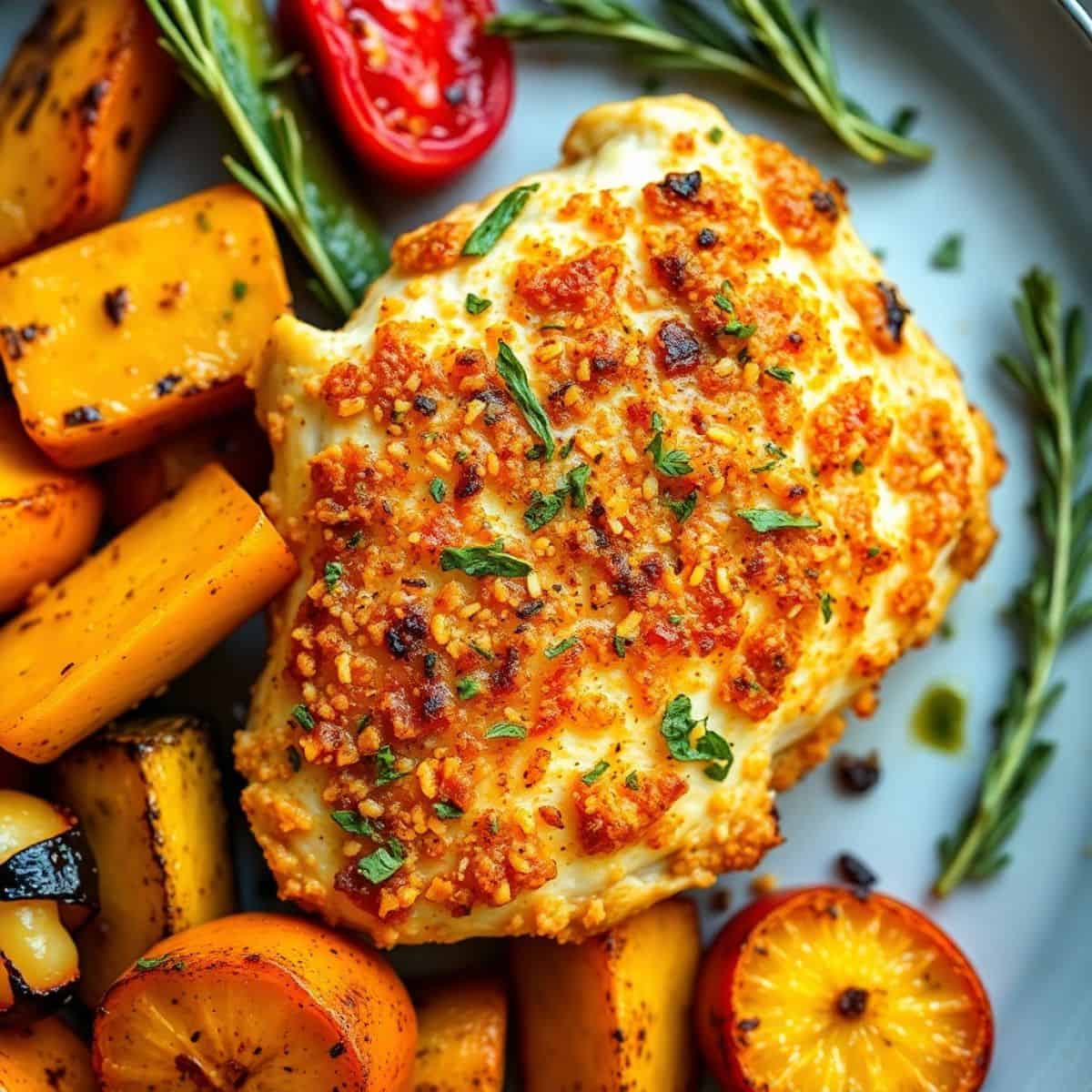 Parmesan crusted chicken breast with roasted sweet potato wedges and tomatoes, garnished with fresh rosemary.