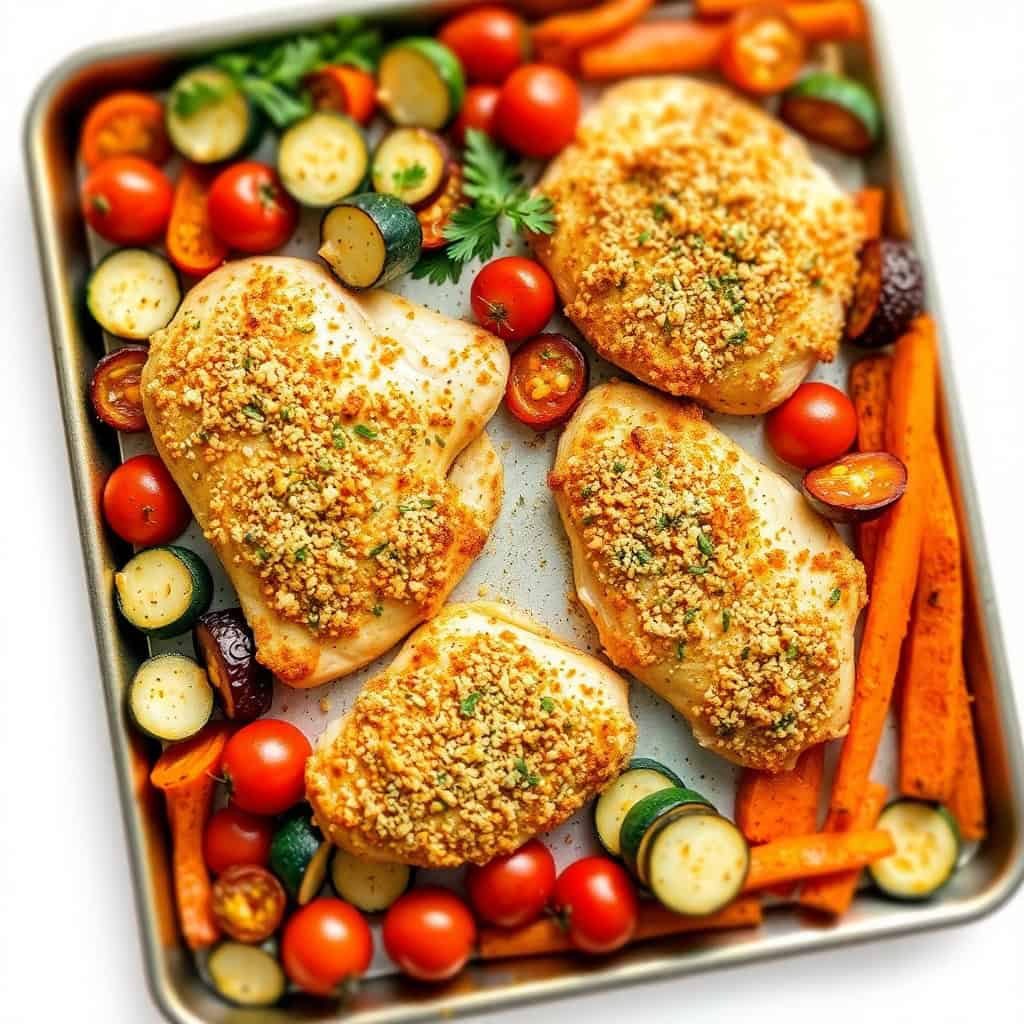 Parmesan crusted chicken breasts with roasted vegetables on sheet pan, garnished with fresh herbs.