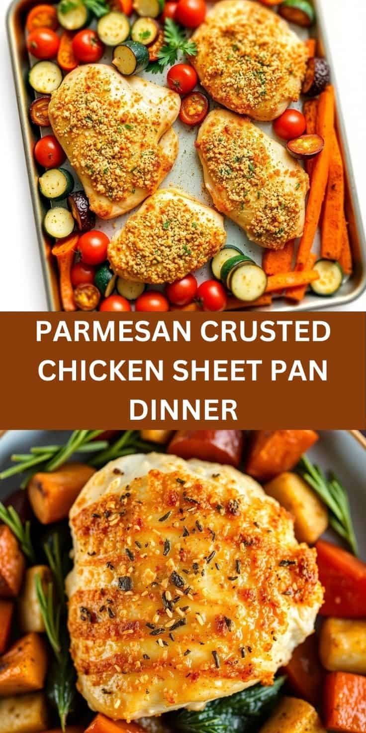 Parmesan crusted chicken breasts with roasted vegetables on sheet pan, golden-brown coating with herbs.