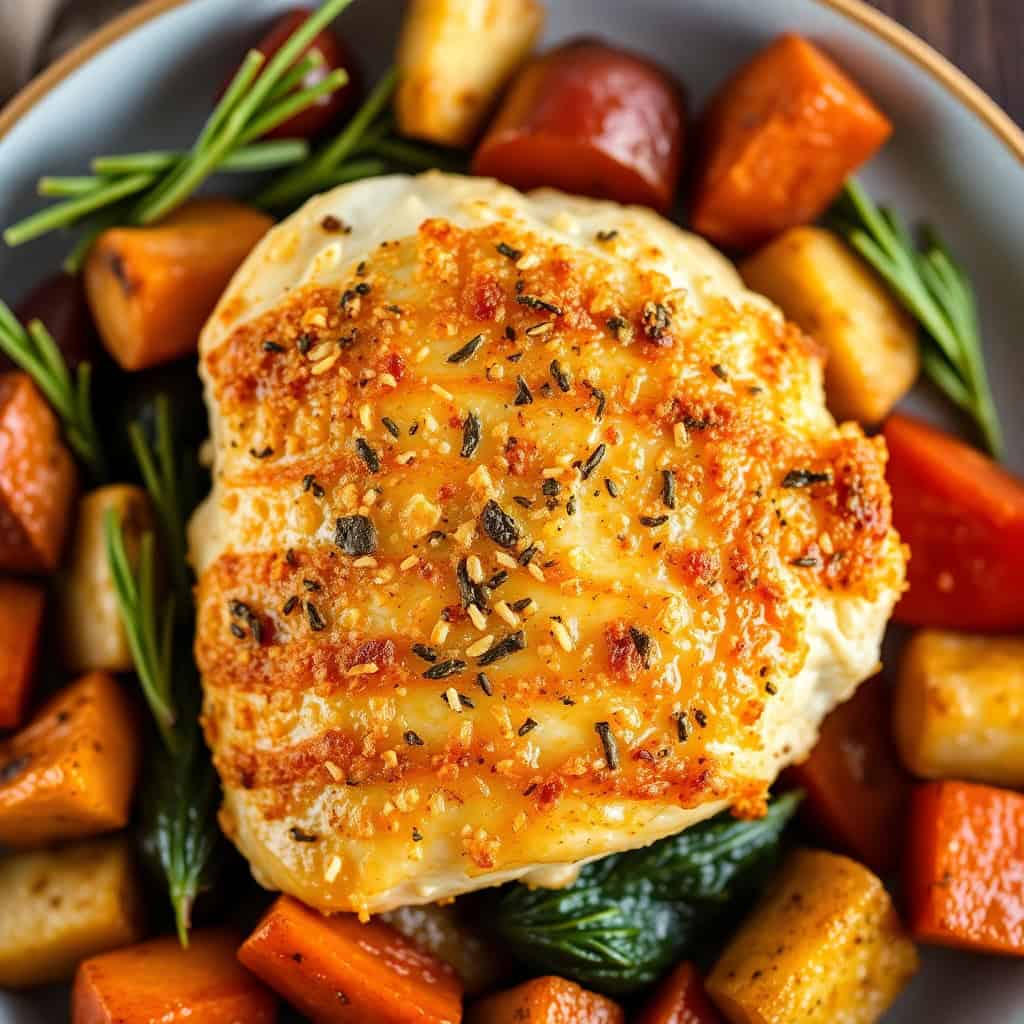 Parmesan crusted chicken breast with roasted potatoes, carrots, and red peppers, garnished with fresh rosemary in a gray b...