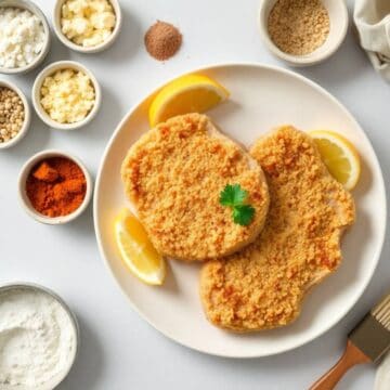 Parmesan crusted pork chops on white plate with lemon wedges, cilantro, and ingredient bowls.