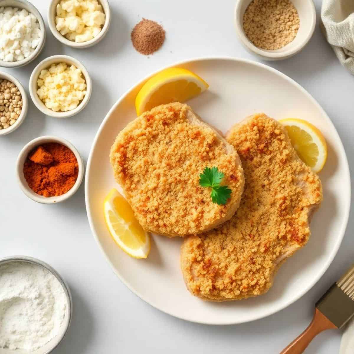 Parmesan crusted pork chops on white plate with lemon wedges, cilantro, and ingredient bowls.