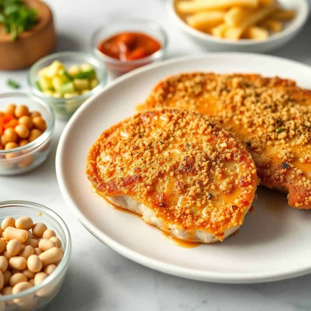 Parmesan crusted pork chops on white plate with french fries and vegetable sides.