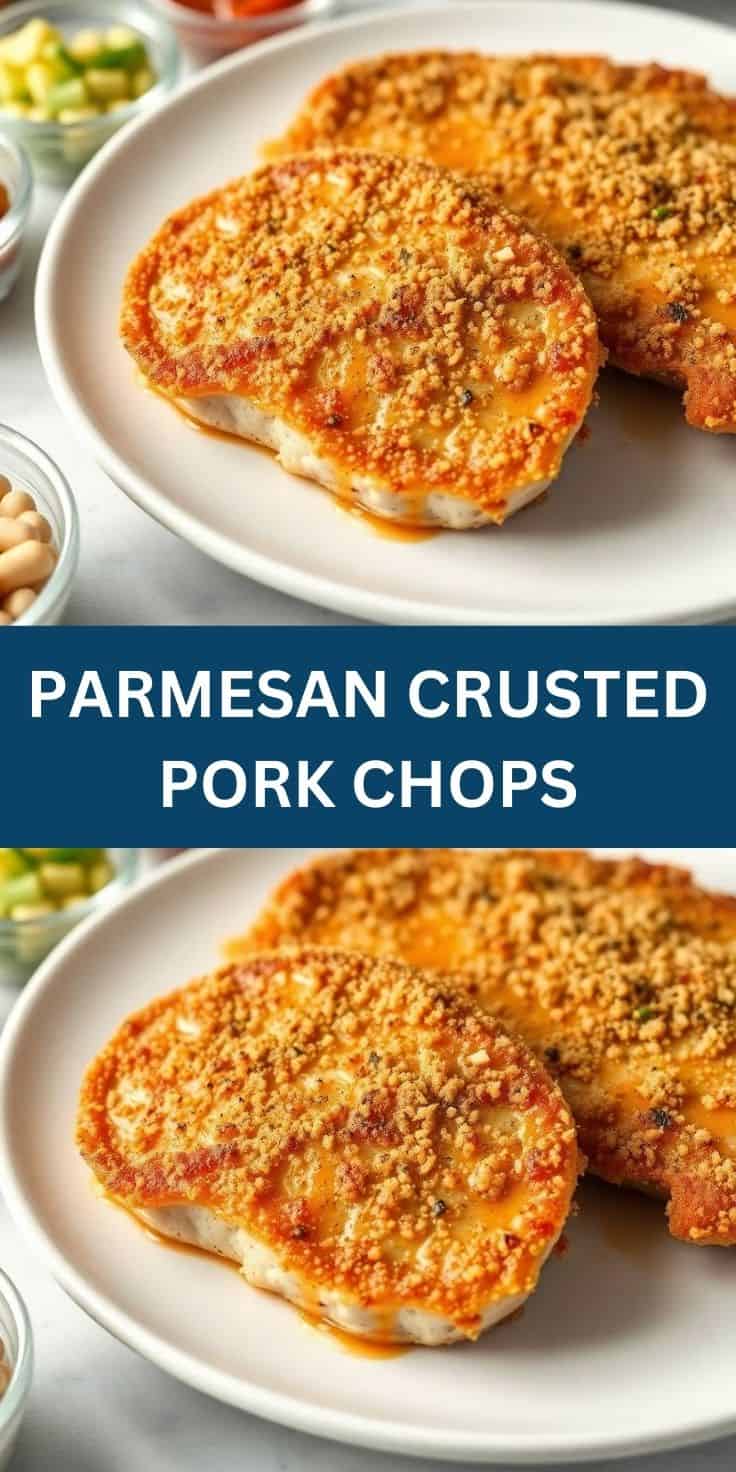 Golden parmesan-crusted pork chops on white plate with side dishes visible.