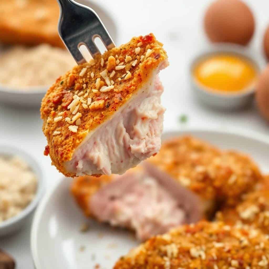 Parmesan crusted pork chop on fork with sesame seeds and golden-brown coating, plated with eggs and breadcrumbs.