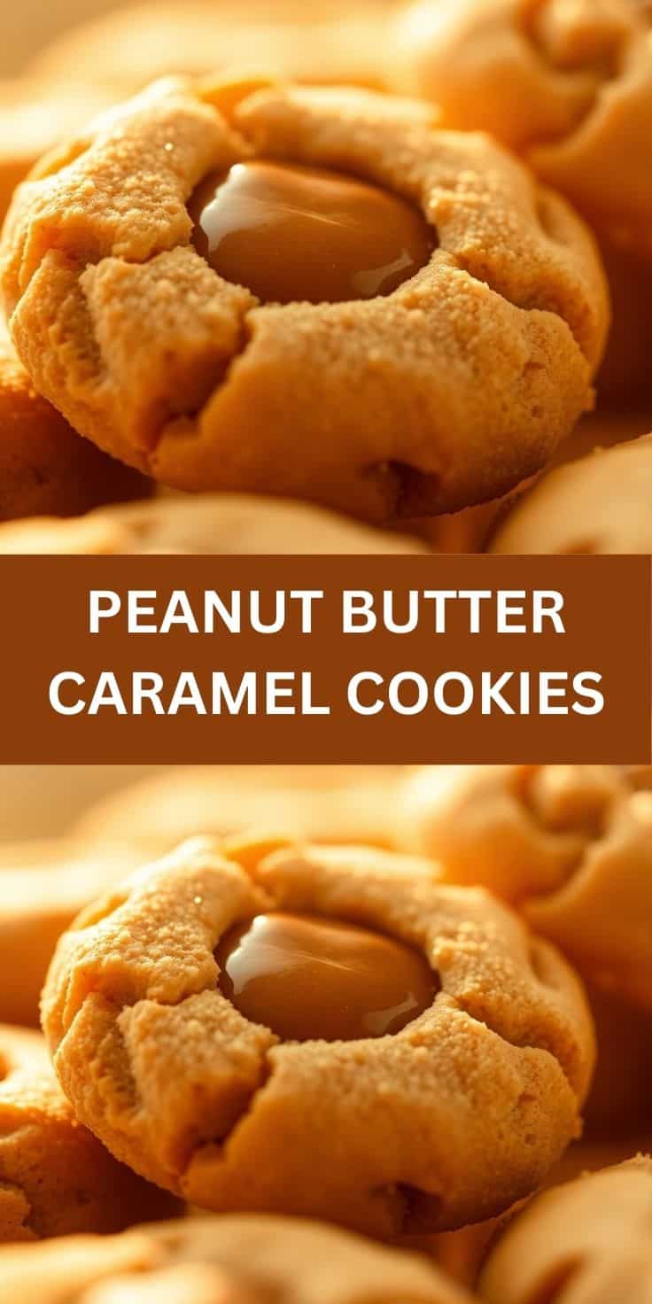 Peanut butter caramel cookies with melted caramel center on warm golden background.