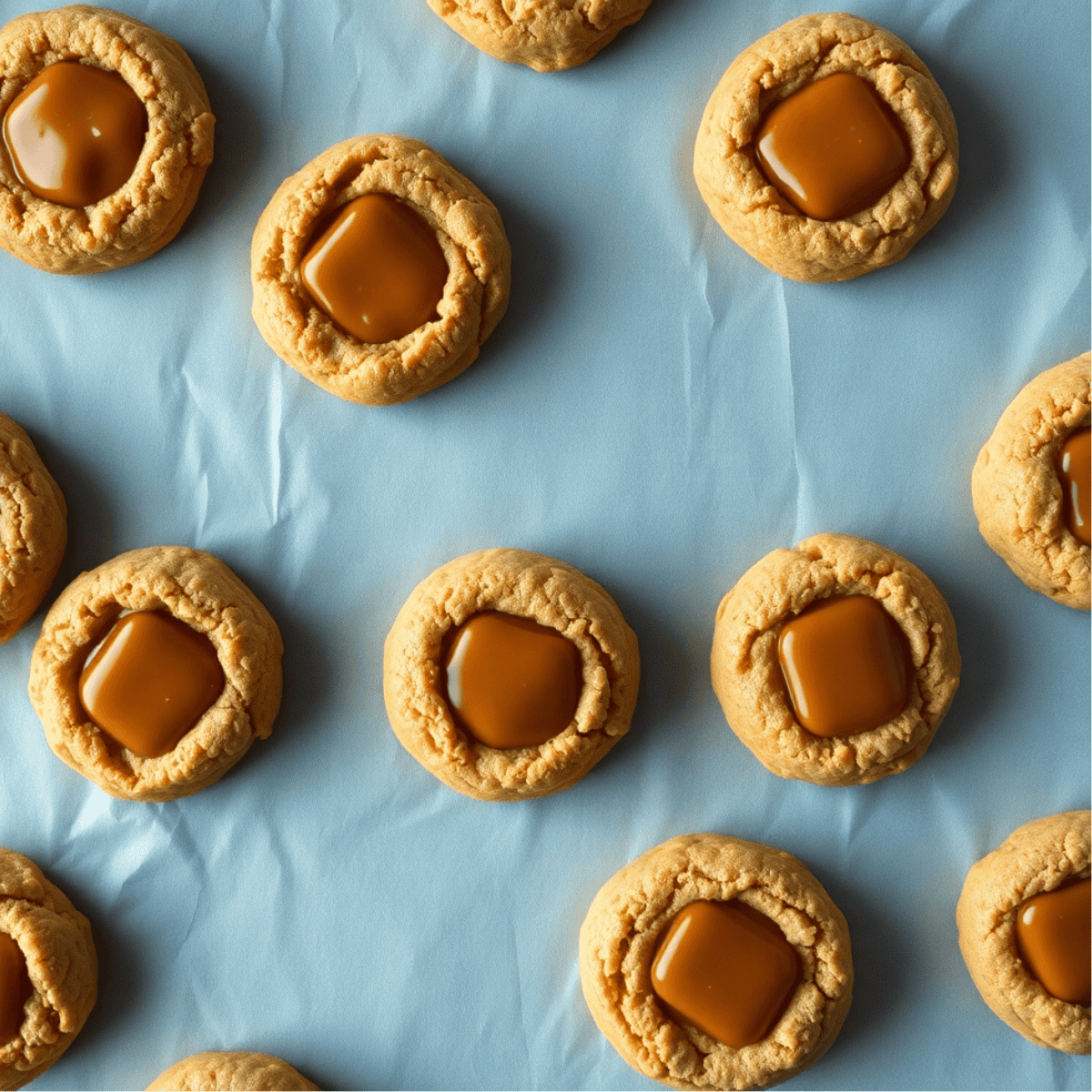 Peanut butter caramel cookies with crinkled golden edges and caramel centers on parchment paper.