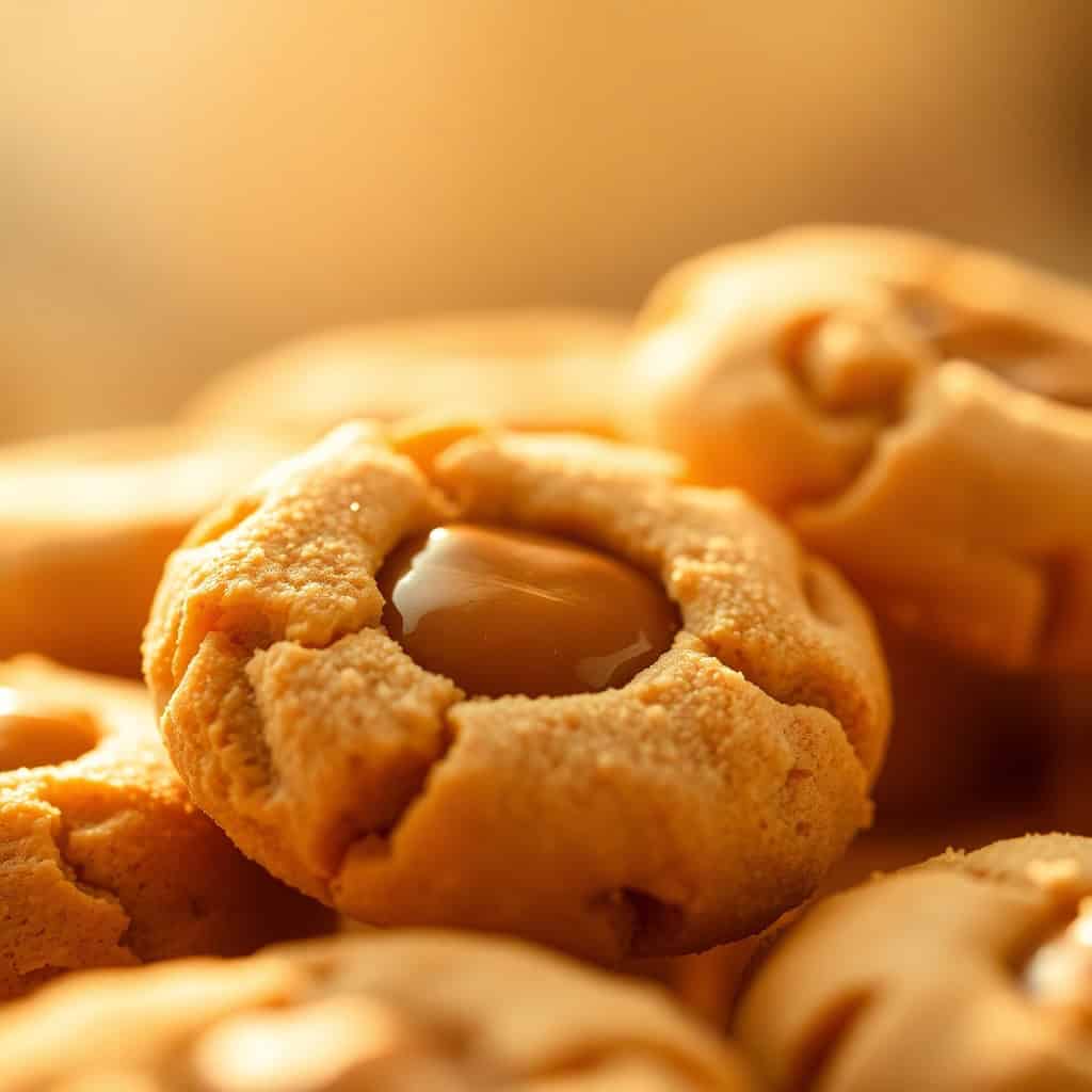 Peanut butter caramel cookies with caramel filling, golden-brown textured surface, stacked arrangement.