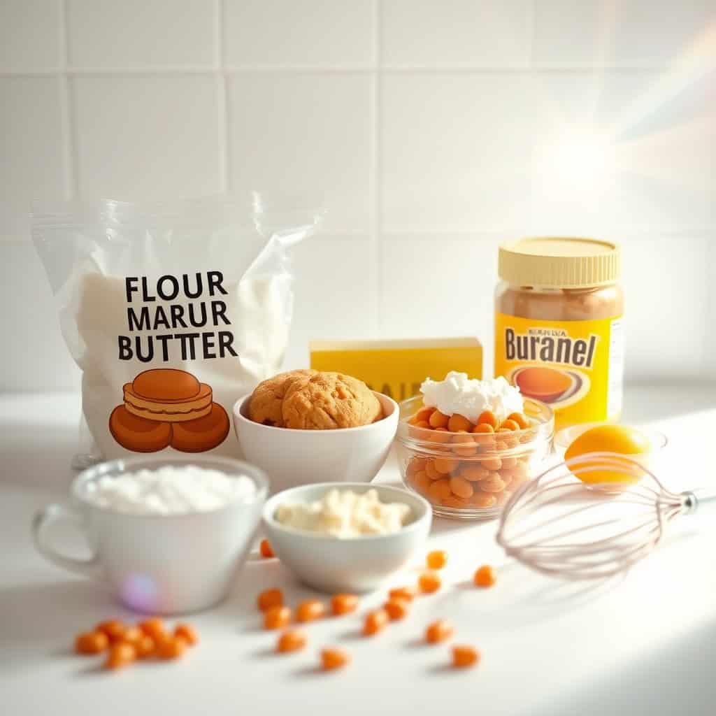 Peanut butter caramel cookie ingredients arranged on white surface with bowls and utensils.