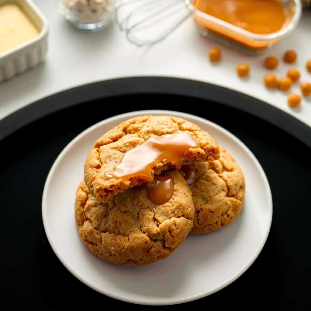 Peanut butter caramel cookie with melted caramel center on white plate, surrounded by ingredients.