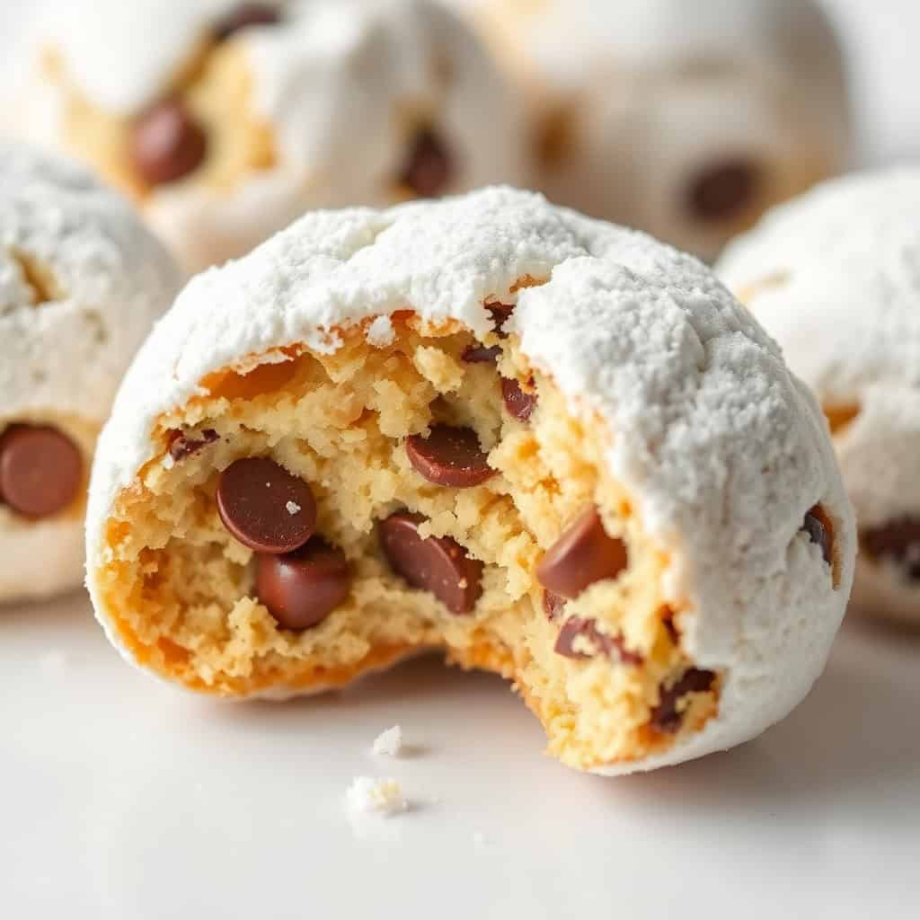 Peanut butter chocolate chip snowball cookie broken in half, revealing chocolate chips inside, dusted with powdered sugar.