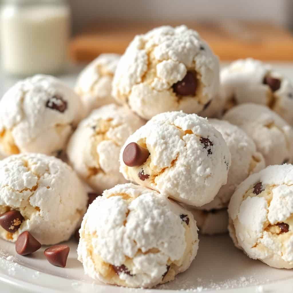 Peanut butter chocolate chip snowball cookies dusted with powdered sugar on a white plate with milk.