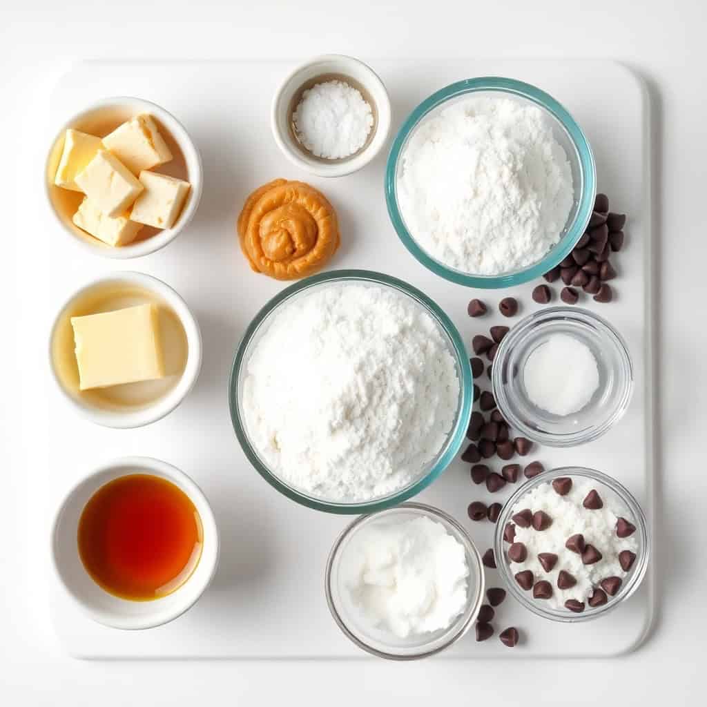 Ingredient mise en place for peanut butter chocolate chip snowball cookies on white surface.