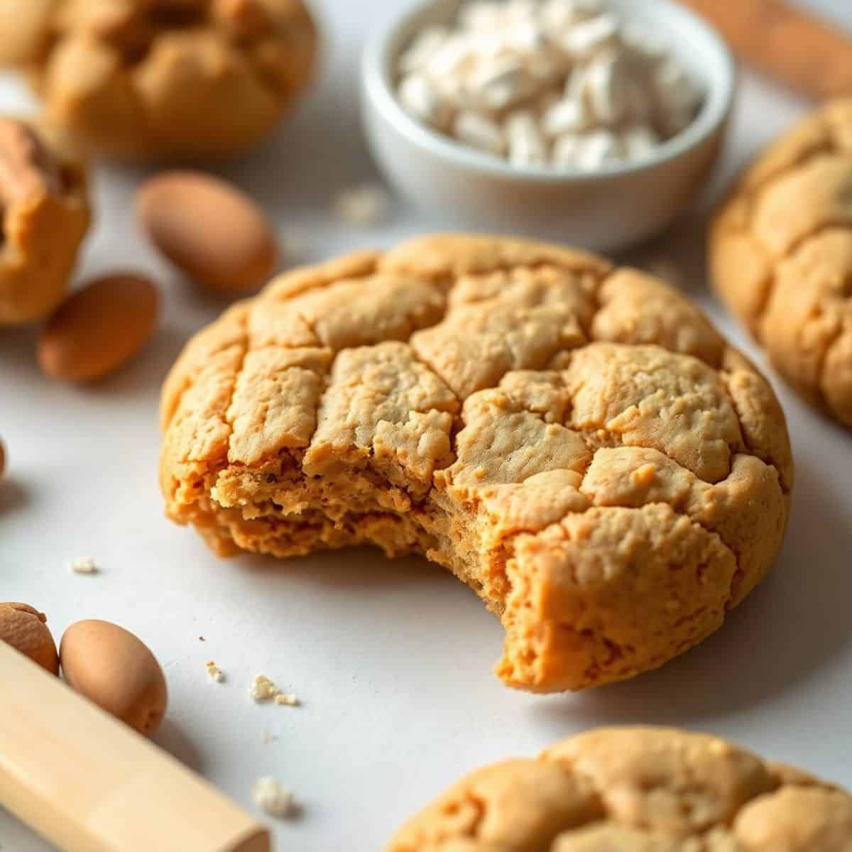 Peanut butter cookies with crosshatch pattern, crushed peanuts, and whole peanuts scattered on white surface.