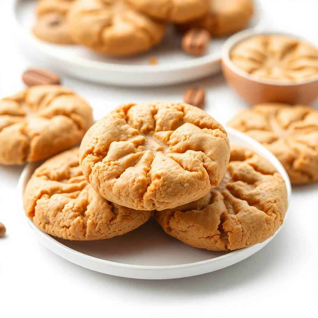 Peanut butter cookies with crinkled golden-brown surfaces arranged on white plates with scattered peanuts.