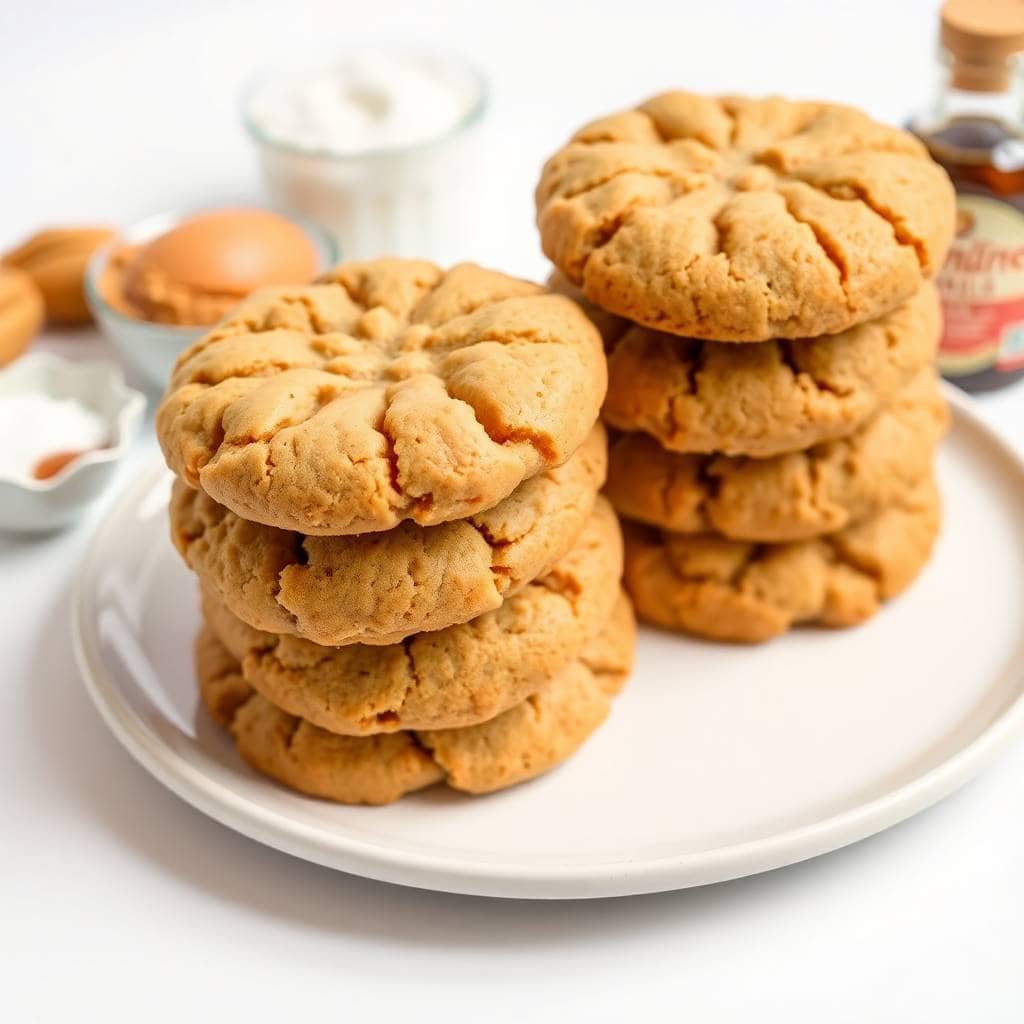 Stacked peanut butter cookies on white plate with crackled golden-brown surface and recipe ingredients blurred in background.