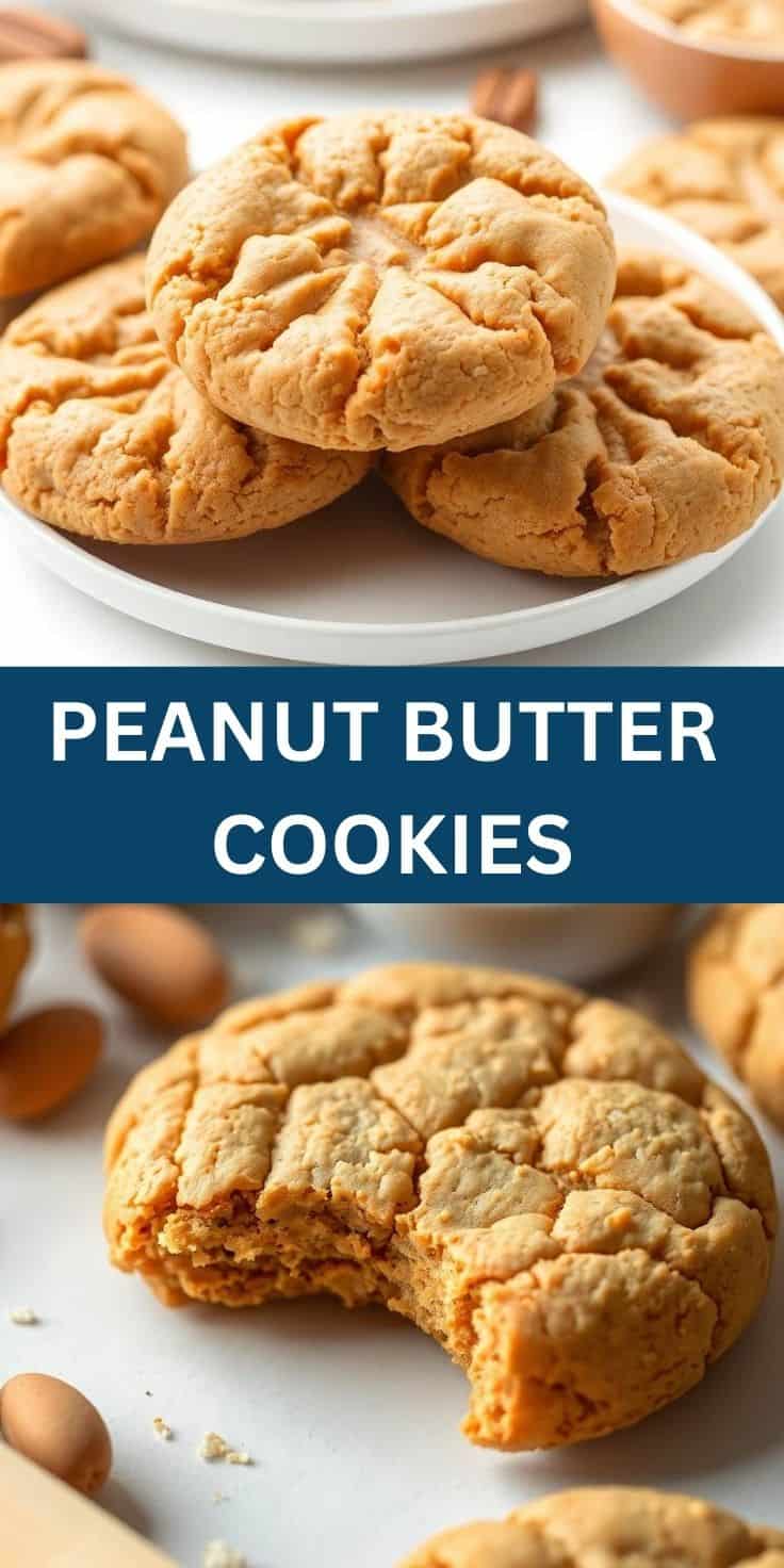 Homemade peanut butter cookies with crinkled golden-brown surfaces on white plate and surface.