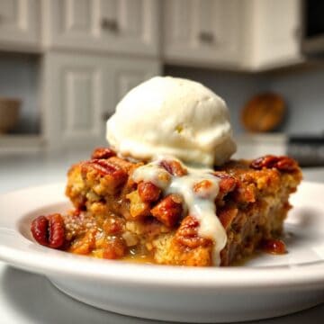 Pecan pie cobbler with caramelized pecans and white caramel drizzle, topped with vanilla ice cream scoop on white plate.