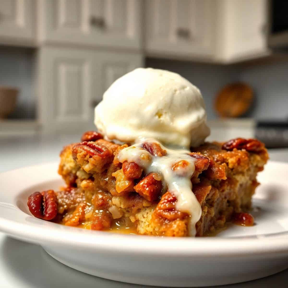 Pecan pie cobbler with caramelized pecans and white caramel drizzle, topped with vanilla ice cream scoop on white plate.