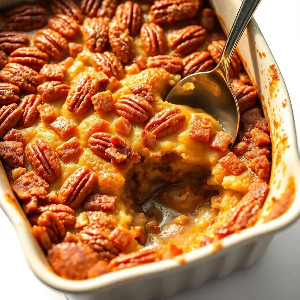 Pecan pie cobbler in a white baking dish with pecans and caramel filling, served with a spoon.