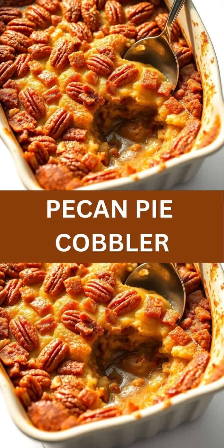 Pecan pie cobbler in white baking dish with golden topping and pecan halves, spoon scooping serving.