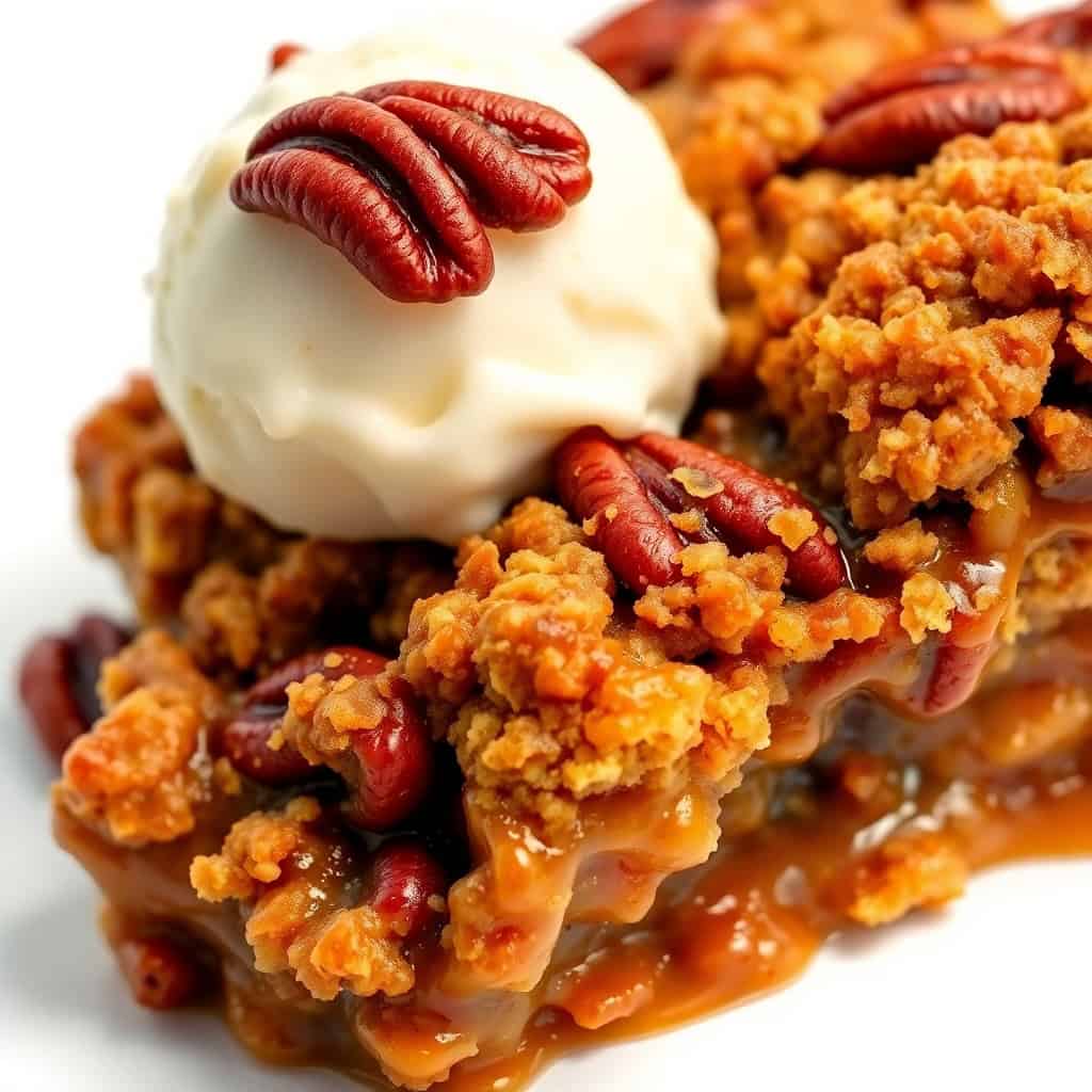 Pecan pie cobbler with golden crispy topping, pecans, and vanilla ice cream scoop on white plate.