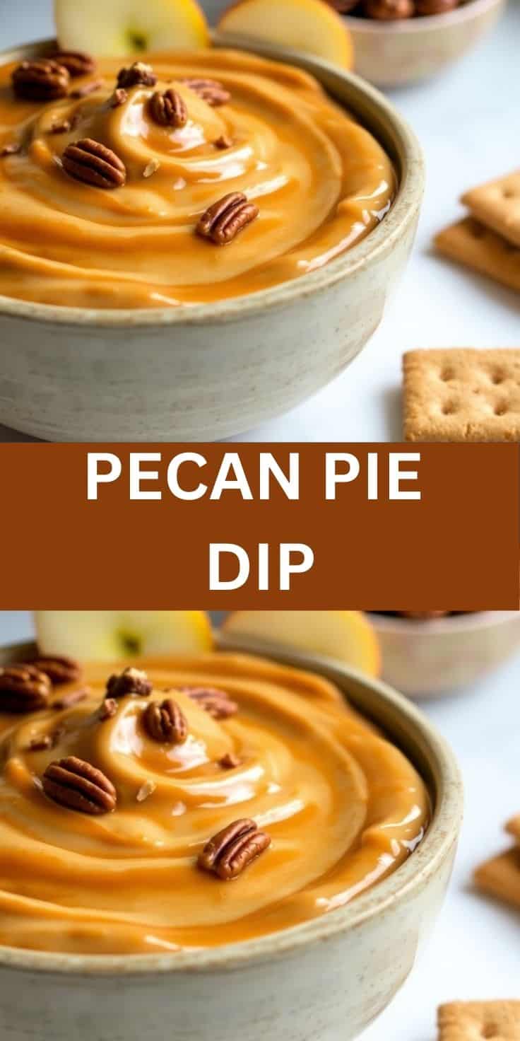 Pecan pie dip in cream bowl topped with pecans, served with crackers and apple slices.
